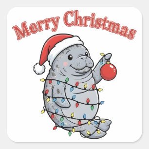 Vrolijke Kerstdag Manatee Schattige Mollige Zeekoe Vierkante Sticker