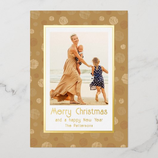 Vrolijke Kerstfoto Goud Moderne Polka Dot Folie Feestdagenkaart (Voorkant)
