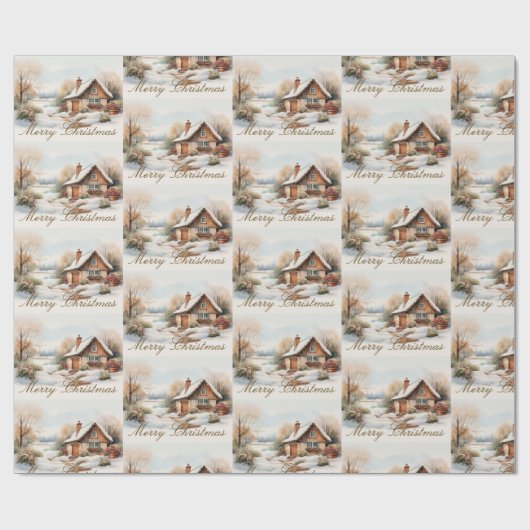 Vrolijke kersthut in het besneeuwde landschap cadeaupapier (Vlak)