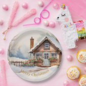 Vrolijke kersthut in het besneeuwde landschap papieren bordje (Feest)