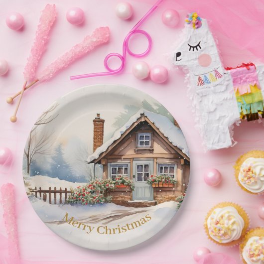Vrolijke kersthut in het besneeuwde landschap papieren bordje (Feest)