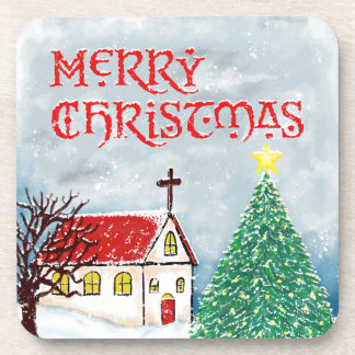 Vrolijke kerstkerk en kerstboom in de sneeuw bier onderzetter