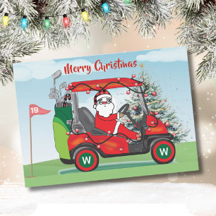 VROLIJKE KERSTKERSTMAN IN WINKELWAGEN SPEELT GOLF FEESTDAGENKAART