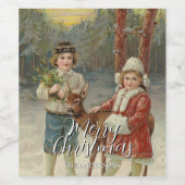  vrolijke kerstkinderen met herten wijn etiket (Enkel label)