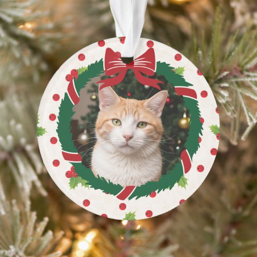 Vrolijke Kerstkrans en Holly Custom Pet Foto Ornament (Boom)
