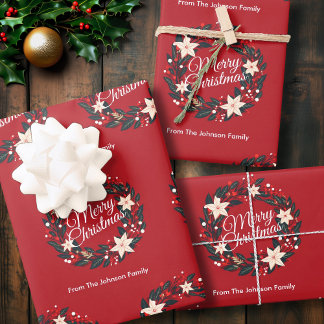 Vrolijke Kerstkrans Rode Poinsettia Familienaam Inpakpapier Vel