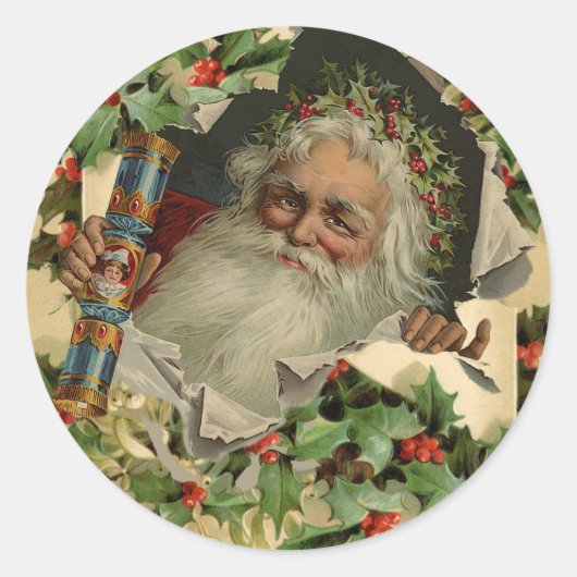 Vrolijke Kerstman Antiek Classic Ronde Sticker (Voorkant)