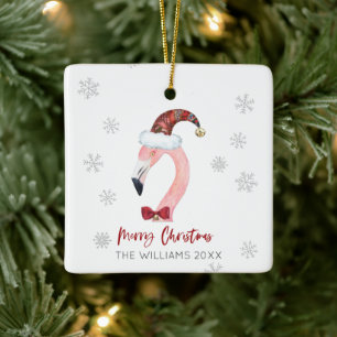 Vrolijke Kerstman Hoed Flamingo Sneeuwvlokken Keramisch Ornament