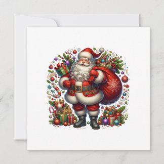 Vrolijke kerstman omringd door cadeaus feestdagenkaart