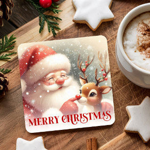 Vrolijke Kerstman Rudolph Kerst Drank Vierkante Kartonnen Onderzetter