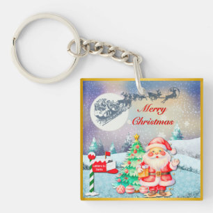Vrolijke Kerstman, Sleigh, Rendieren, Sneeuwvlok Sleutelhanger