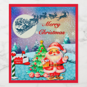 Vrolijke Kerstman, Sleigh, Rendieren, Sneeuwvlok Wijn Etiket