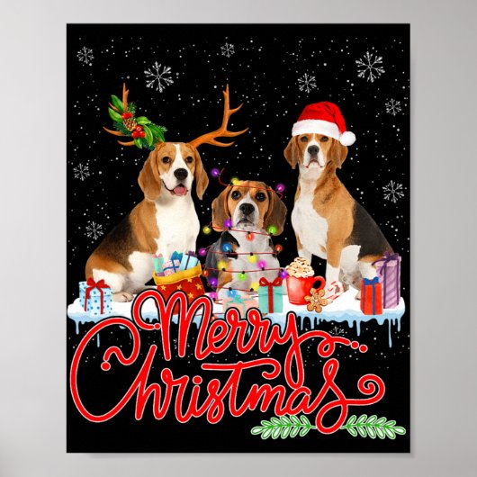 Vrolijke Kerstmis Beagle Hond Santa Reindeer Light Poster (Voorkant)