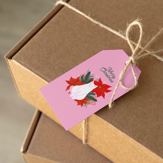 Vrolijke Kerstmis Bloemen Kat Cadeaulabel