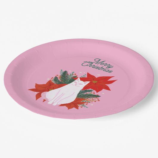 Vrolijke Kerstmis Bloemen Kat Papieren Bordje (Gekanteld)