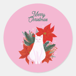 Vrolijke Kerstmis Bloemen Kat Ronde Sticker
