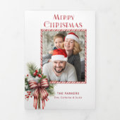 Vrolijke Kerstmis Candy Cane Bow Foto Drieluik Kaart (Cover)