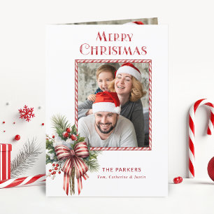 Vrolijke Kerstmis Candy Cane Bow Foto Feestdagen Kaart