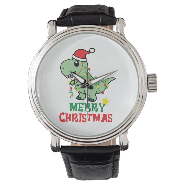 Vrolijke Kerstmis Dinosaurus Horloge (Voorkant)