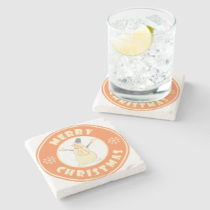 Vrolijke Kerstmis gelukkige sneeuwman beroemde kof Stenen Onderzetter