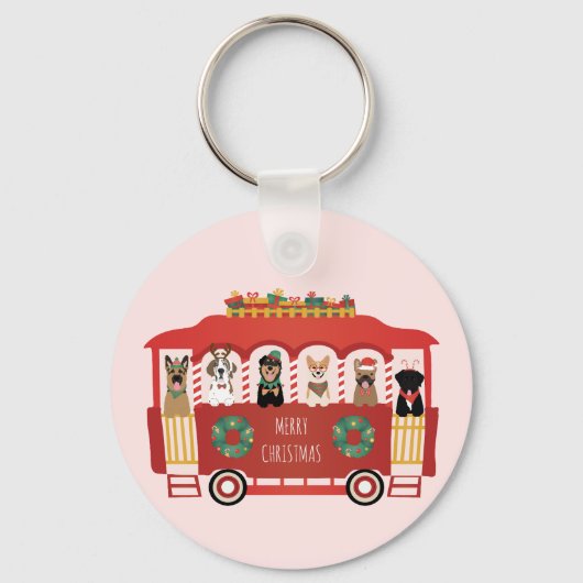 Vrolijke Kerstmis Honden Vakantie Trolly Sleutelhanger (Voorkant)