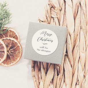 Vrolijke Kerstmis Kalligrafie & Familienaam Pine Ronde Sticker