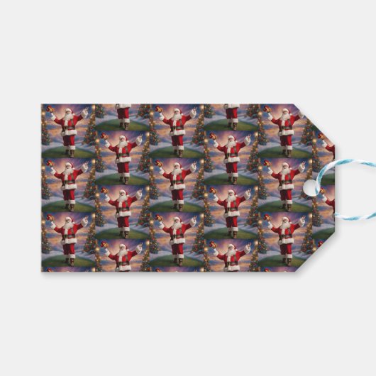 Vrolijke Kerstmis Kerstman en Kerstbomen Cadeaulabel (Voorkant (Horizontaal))