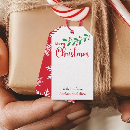 Vrolijke Kerstmis Mistletoe tak en sneeuwvlokken Cadeaulabel