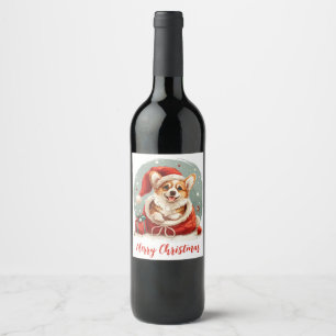 Vrolijke Kerstmis Pembroke Welsh Corgi Puppy Wijn Etiket
