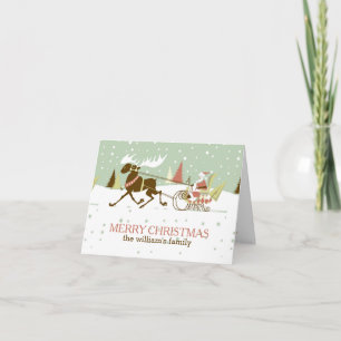 Vrolijke Kerstmis Retro Santa & Herten Illustratie Feestdagen Kaart