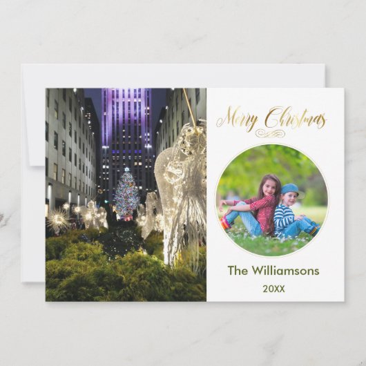 Vrolijke Kerstmis Rockefeller Boom en Familie Foto Kaart (Voorkant)
