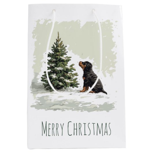 Vrolijke Kerstmis Rottweiler Hond Kerstboom Medium Cadeauzakje (Voorkant)