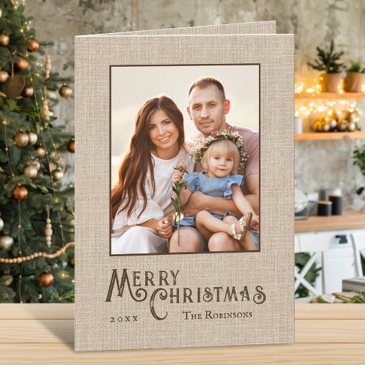 Vrolijke Kerstmis Rustieke Burlap Print Familiefot Feestdagen Kaart