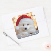 Vrolijke Kerstmis Samoyed Puppy Hond met Santa Hat Vierkante Sticker (Envelop)