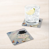 Vrolijke Kerstmis Sneeuwman met Vogels Vierkante Kartonnen Onderzetter (Insitu)