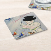 Vrolijke Kerstmis Sneeuwman met Vogels Vierkante Kartonnen Onderzetter (Schuin)