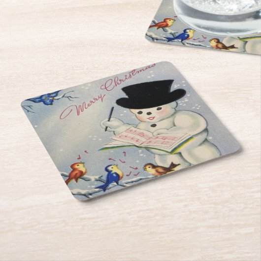 Vrolijke Kerstmis Sneeuwman met Vogels Vierkante Kartonnen Onderzetter (Schuin)