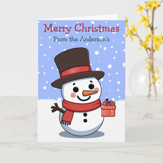 Vrolijke Kerstmis Snowman Custom Family Name Kaart (Gele Bloem)