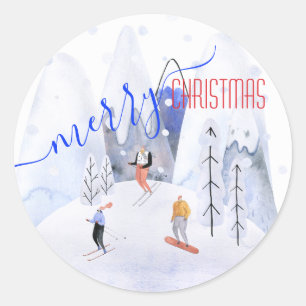 Vrolijke Kerstmis Snowy Mountain Scene Skiers Ronde Sticker