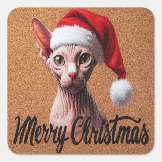 Vrolijke Kerstmis Sphynx Kat, Kerstmis Santa Sphyn Vierkante Sticker (Voorkant)