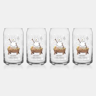 Vrolijke Kerstmiskerststal Baby Jesus Snowman Blikvorm Glas