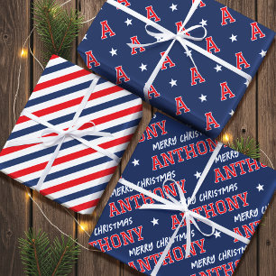 Vrolijke Kerstnaam Monogram Marine Red Teen Boy Inpakpapier Vel