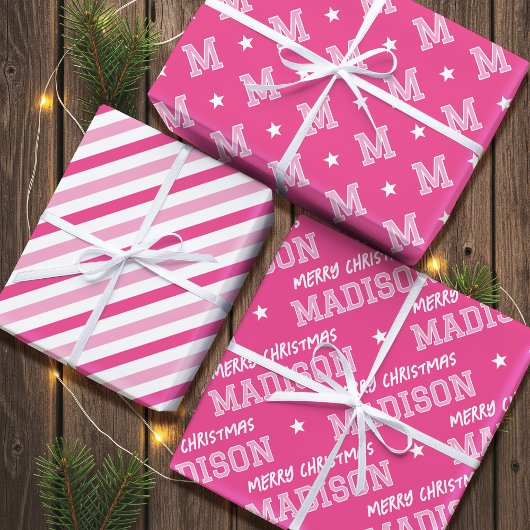 Vrolijke Kerstnaam Monogram Roze Tiener Meisje Inpakpapier Vel