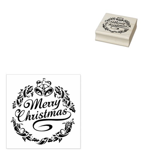 Vrolijke kersttekst, klokken en hulst 	rubberstempel (Gestempeld)