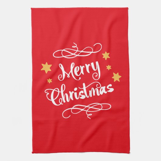 Vrolijke Kersttypografie Licht Rood Wit Theedoek (Verticaal)