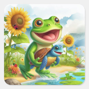Vrolijke Kikker en Zeeschildpad Scene Vierkante Sticker