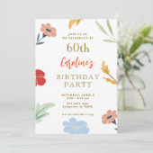 Vrolijke kleurrijke bloemen 60e verjaardag uitnodi kaart (Staand voorkant)