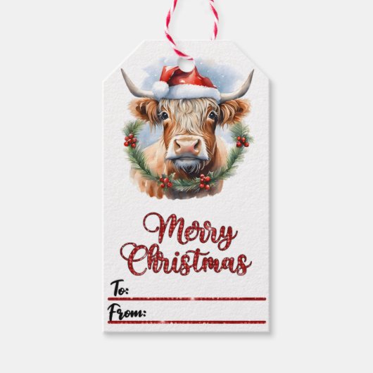Vrolijke koe in pet Kerst label Cadeaulabel (Voorkant)