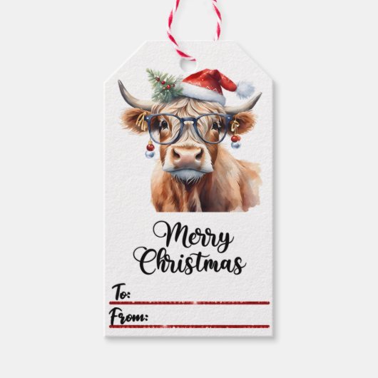Vrolijke koe in pet Kerst label Cadeaulabel (Voorkant)