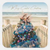 Vrolijke Kustkerst Tropische Strand HolidayTree Vierkante Sticker (Voorkant)